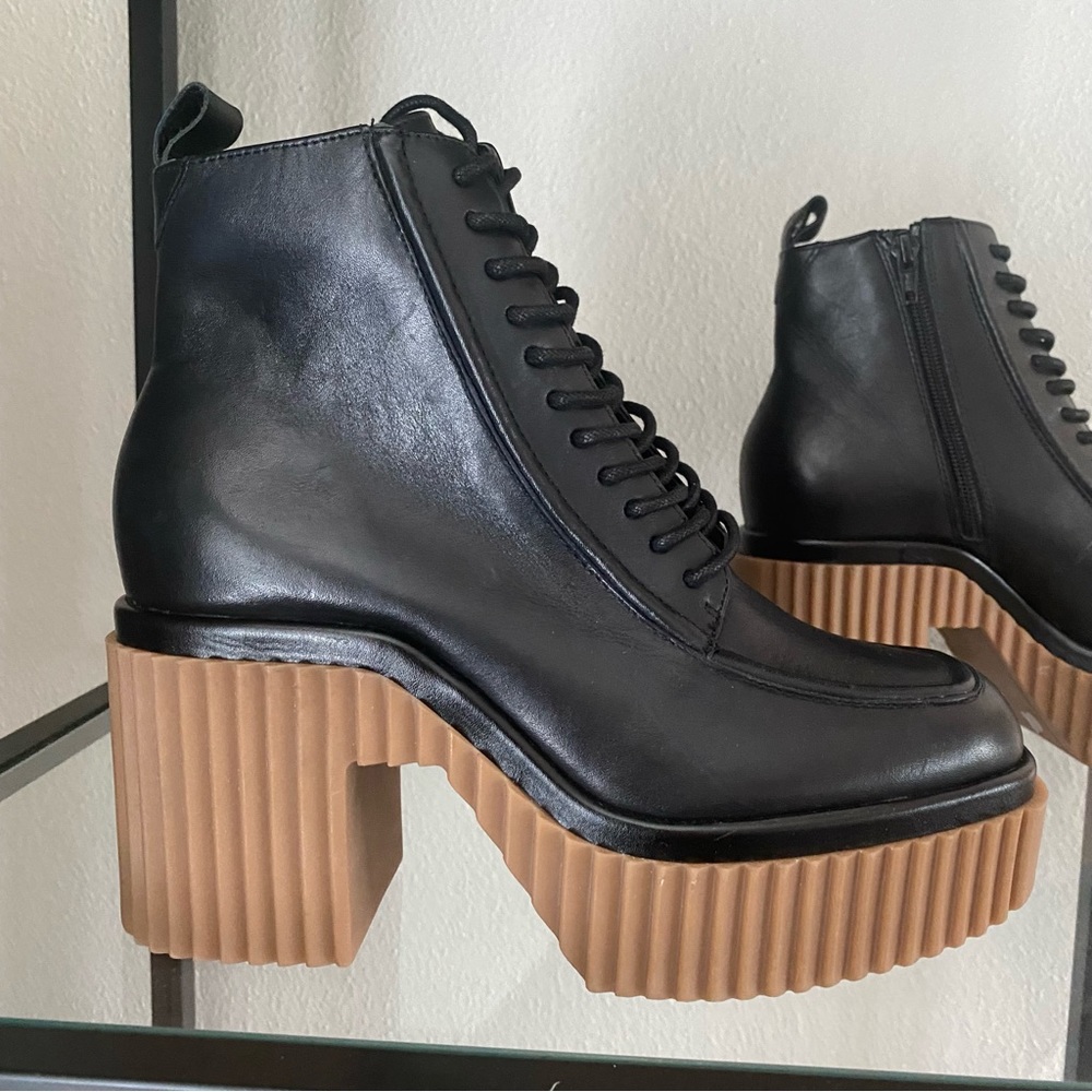 Black Leather Ankle Boots with Chunky Tan Sole